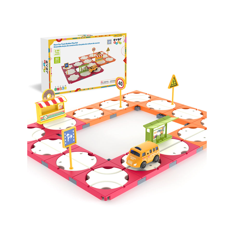 EverPlay 60pc Rotating Reversible Race Track Building Block Set with School Bus