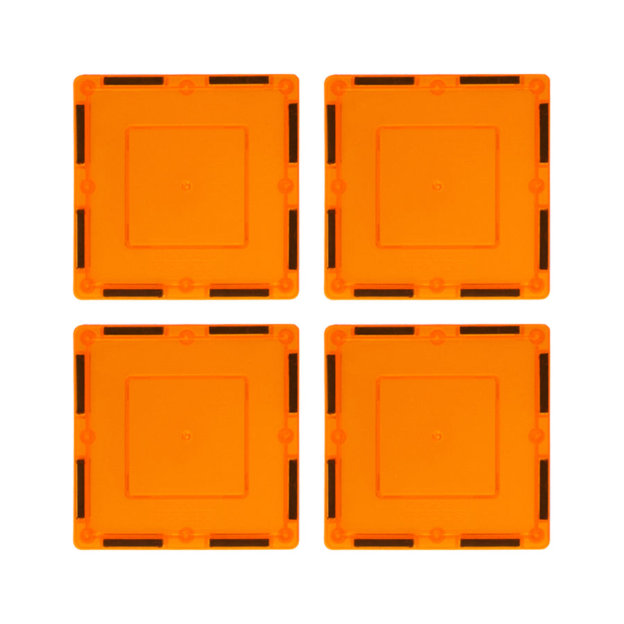 Four orange 3 inch square magnetic tiles arranged in a grid pattern showcasing shape, color, and design of magnet tile surfaces