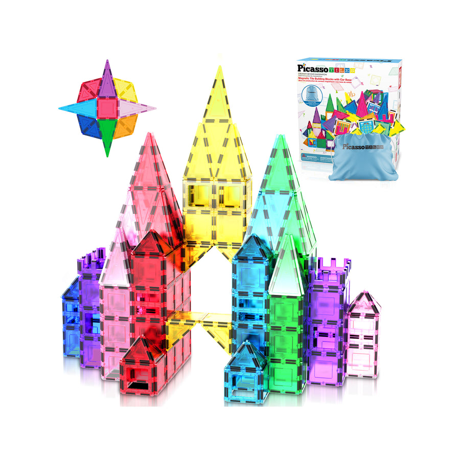 PicassoTiles Magnetic Tile Blocks with Car Base & Storage Bag - 61 Pieces