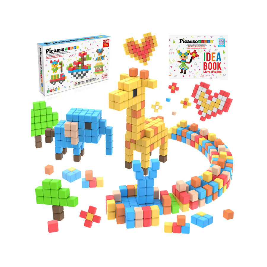 Creative 2D builds using magnetic building block set with vibrant cubes and idea book included