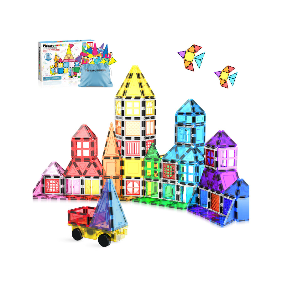 PicassoTiles Magnetic Tiles Building Set with Windows and Doors - 61 Pieces
