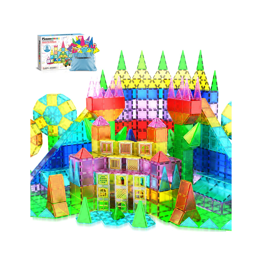 Large multi level castle built from translucent magnetic tiles in assorted bright colors with triangle spires, cones, and window panels.