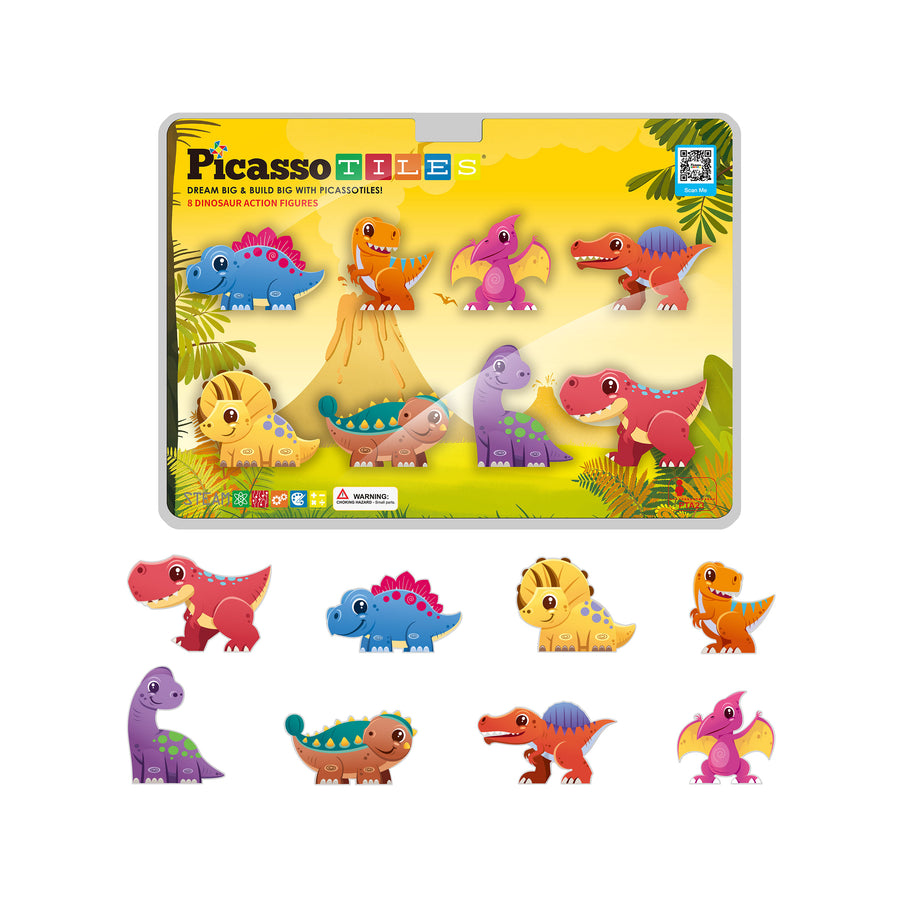 PicassoTiles Magnet Tiles Building Blocks 8 Dinosaur Action Figures