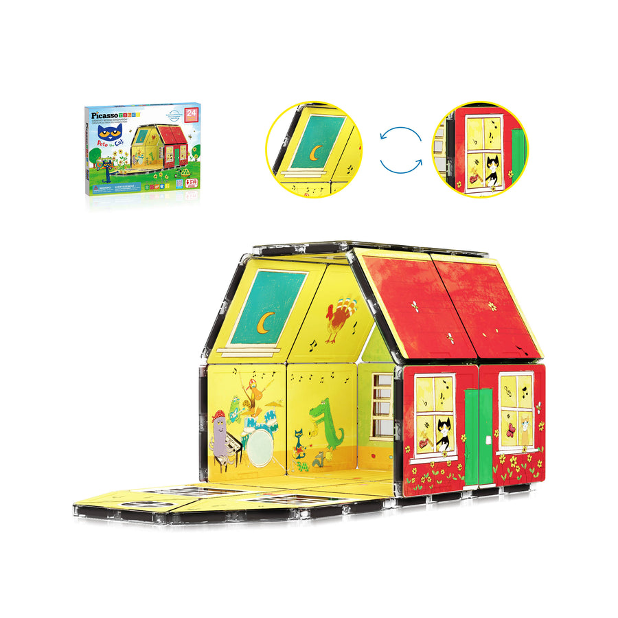 Pete the Cat toy magnetic tile house with flipped panels showing playful double-sided scenes including pets, stars, and music room details.
