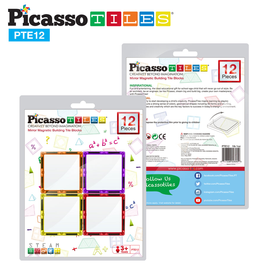 PicassoTiles 12 Piece Magnetic Tile Mirror Building Set