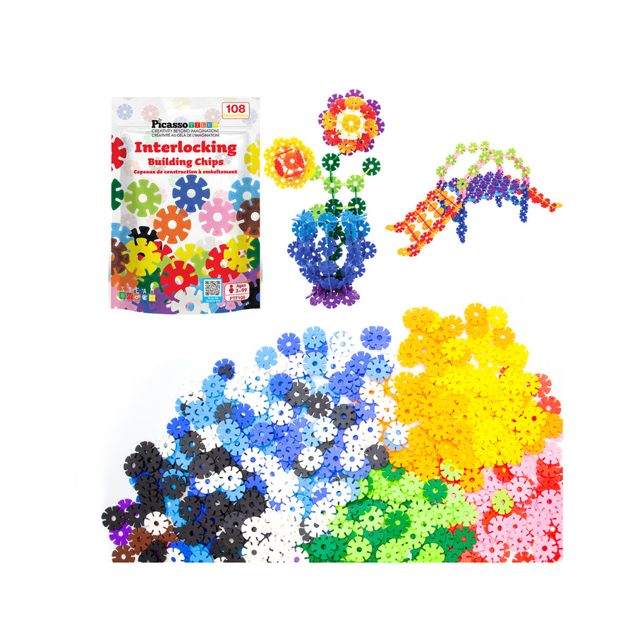 12 rainbow color building chip discs forming robot sculpture on table