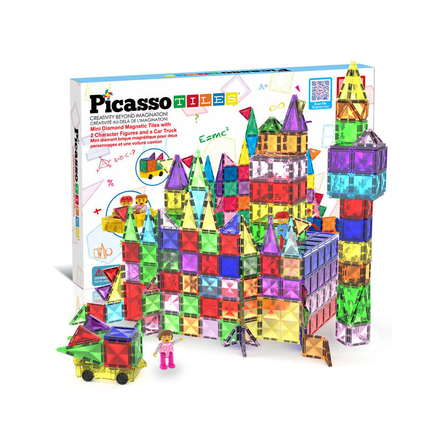 PicassoTiles Mini Diamond Travel Size 120pc Magnet Tiles with Figures and Car Set
