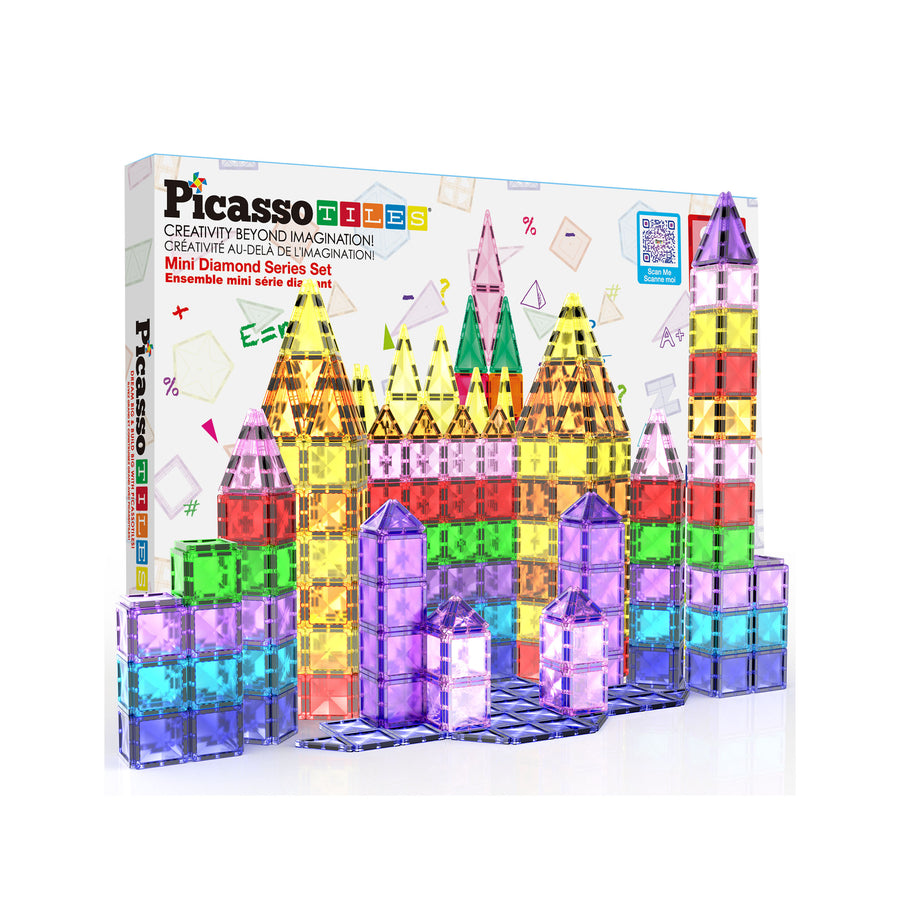 Colorful diamond surfaced magnetic tiles form a glowing castle structure built from the 80 piece travel-sized set