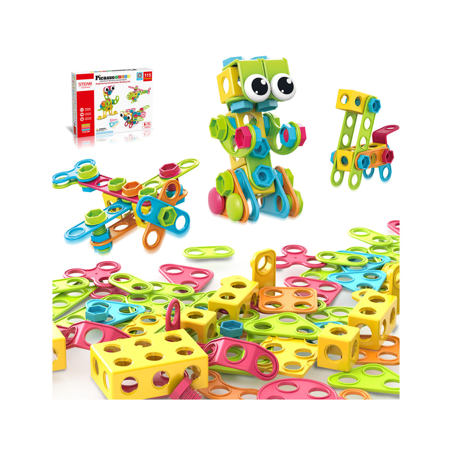 Colorful engineering construction set with nuts, bolts, panels, and completed robot, vehicle, and plane builds