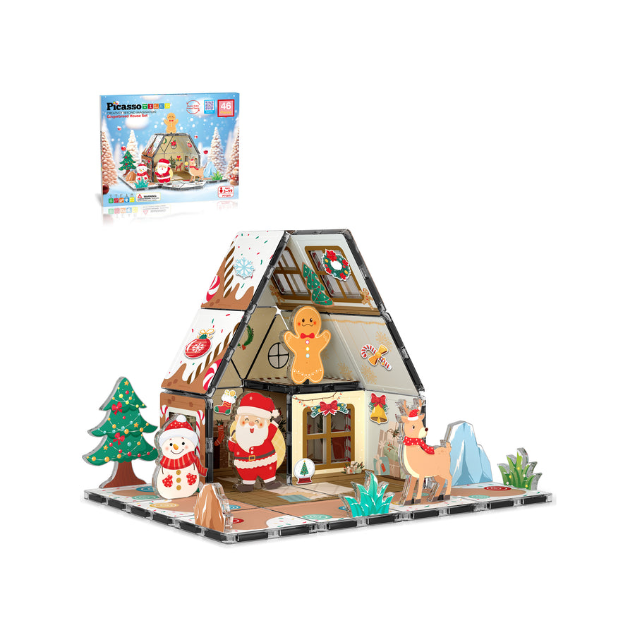 Gingerbread house made from magnetic tiles with Santa and reindeer holiday figures