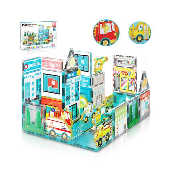 PicassoTiles Metro City Magnetic Tiles & Magnet Toys - Building Blocks with  8 Vehicle Character Action Figures