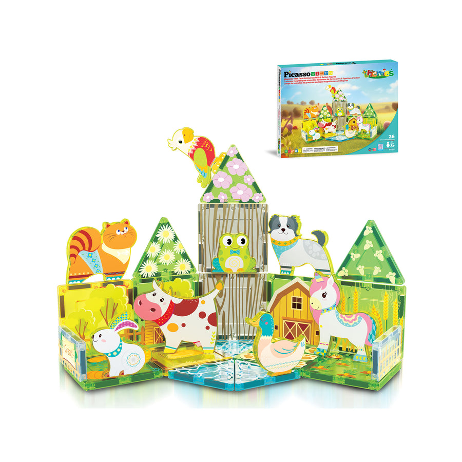 PicassoTiles Magnet Tile Building Blocks Printed Fall Farm Themed Animal Toy Set with 8 Farmyard Animals Character Action Figures