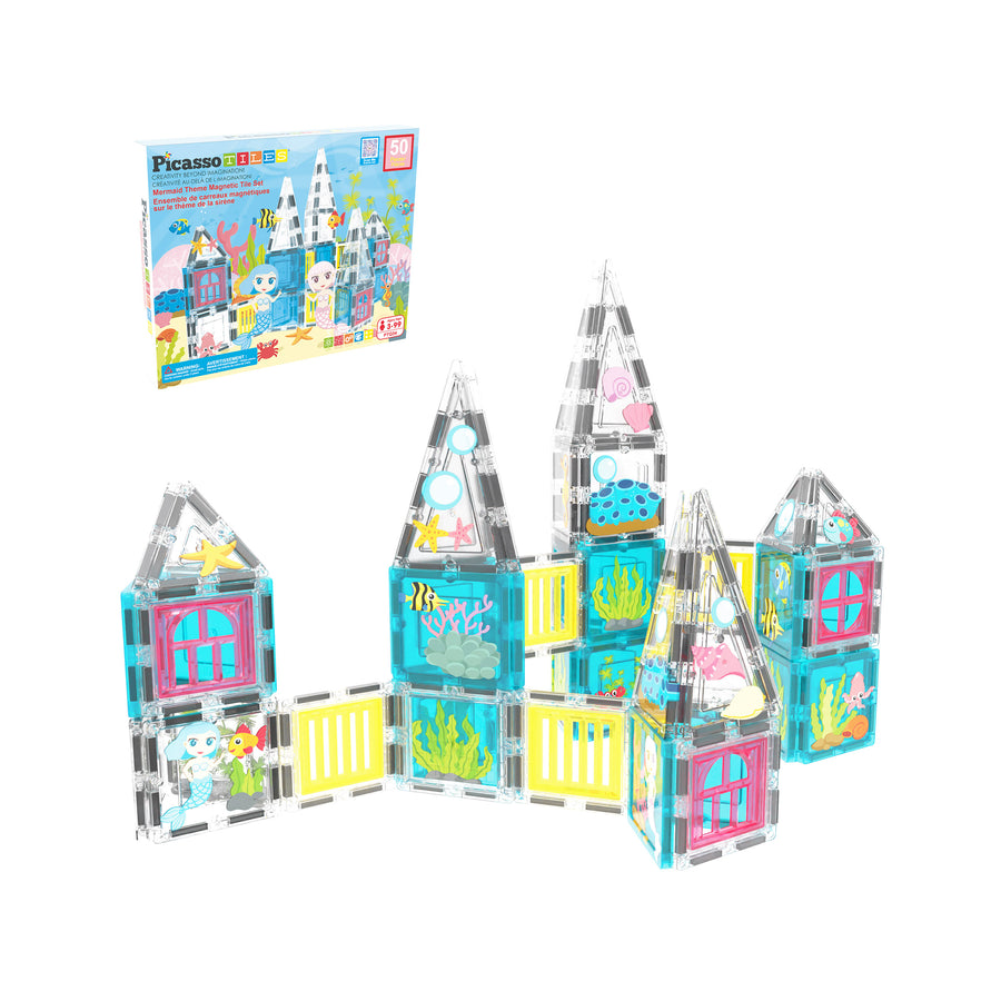 PicassoTiles 50 Piece Mermaid Magnetic Tile Building Blocks Set