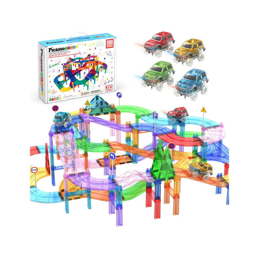 PicassoTiles Magnetic Race Car Track Set with Light Up Vehicles