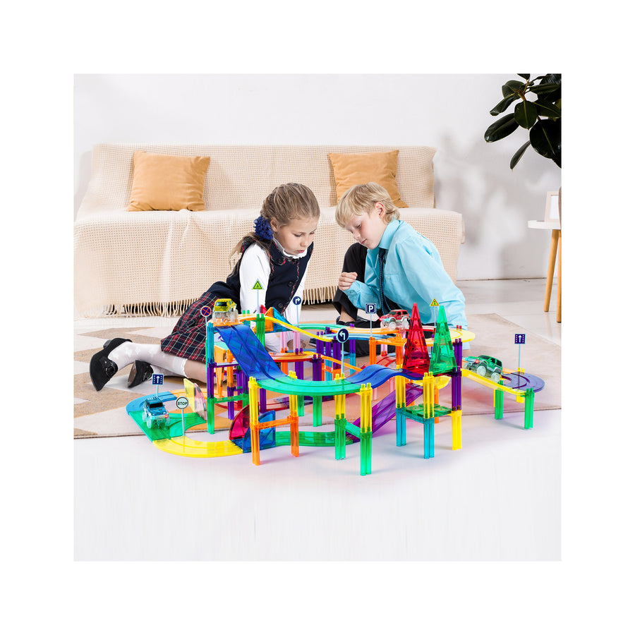 PicassoTiles Magnetic Race Car Track Set with Light Up Vehicles
