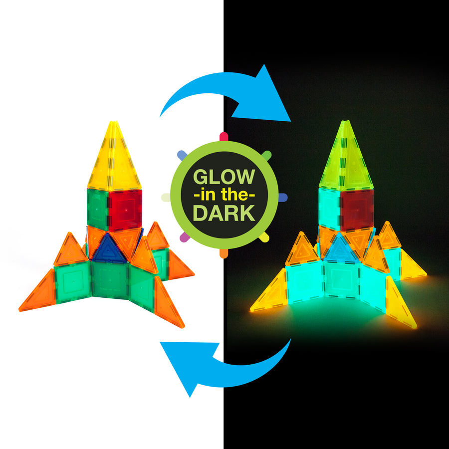 magnetic rocket built from glow-in-the-dark tiles shown glowing at night and unlit during daytime in side by side comparison