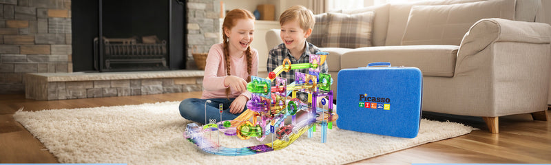 Kids playing  race car tracks