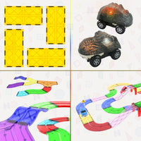 PicassoTiles bundle featuring race tracks, Pick-A-Part and dinosaur toy cars.