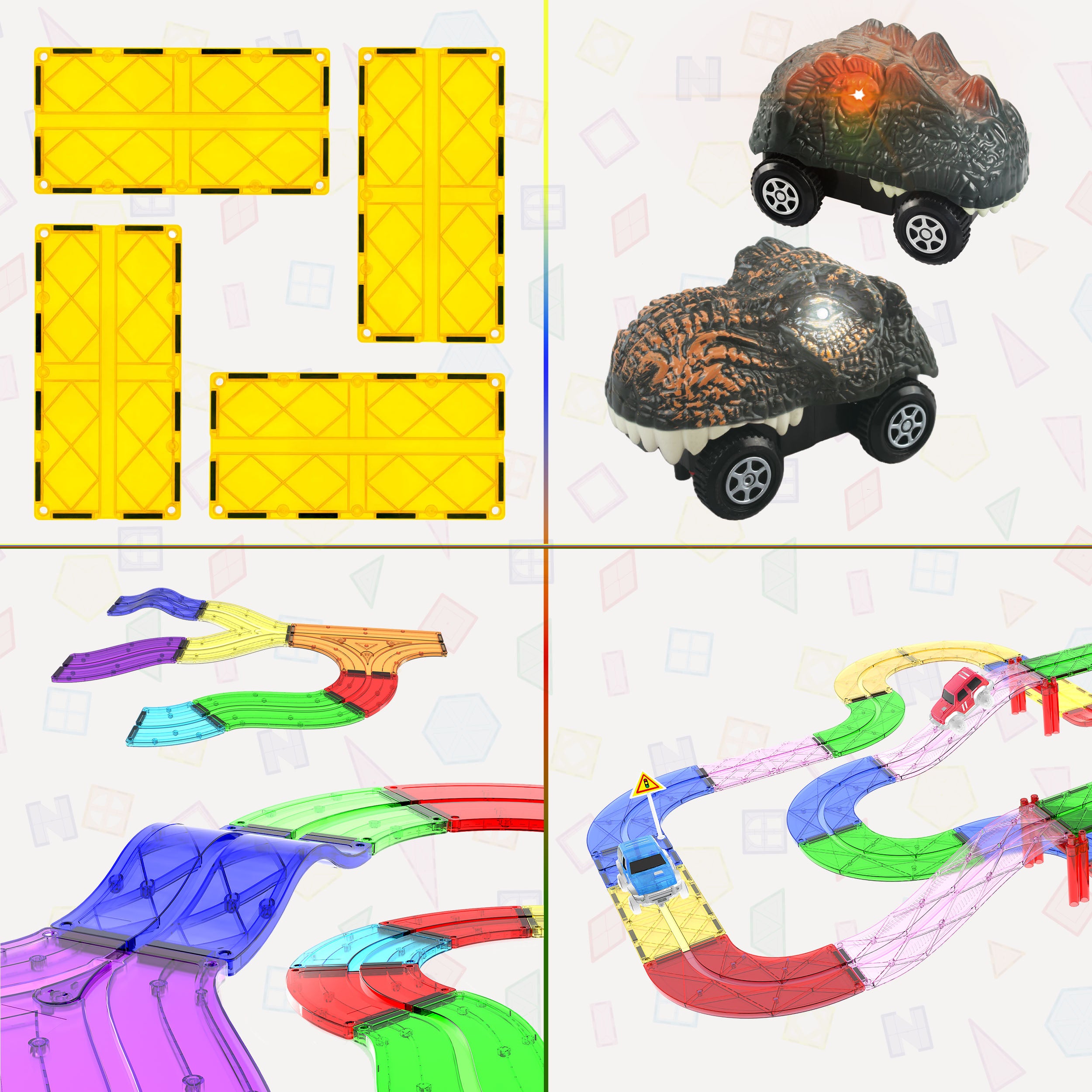 PicassoTiles bundle featuring race tracks, Pick-A-Part and dinosaur toy cars.