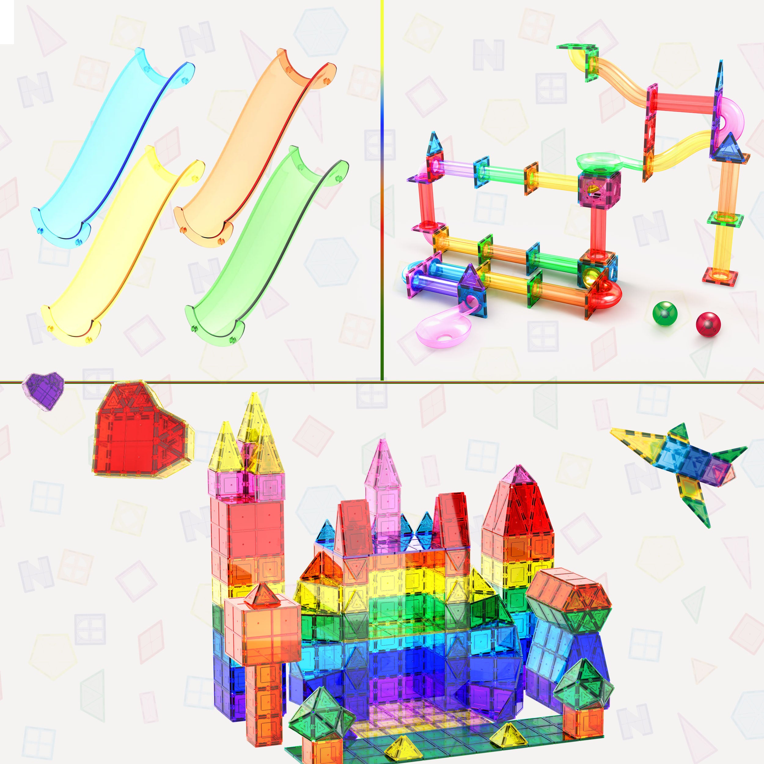 PicassoTiles bundle featuring magnetic builds, marble run and connectors