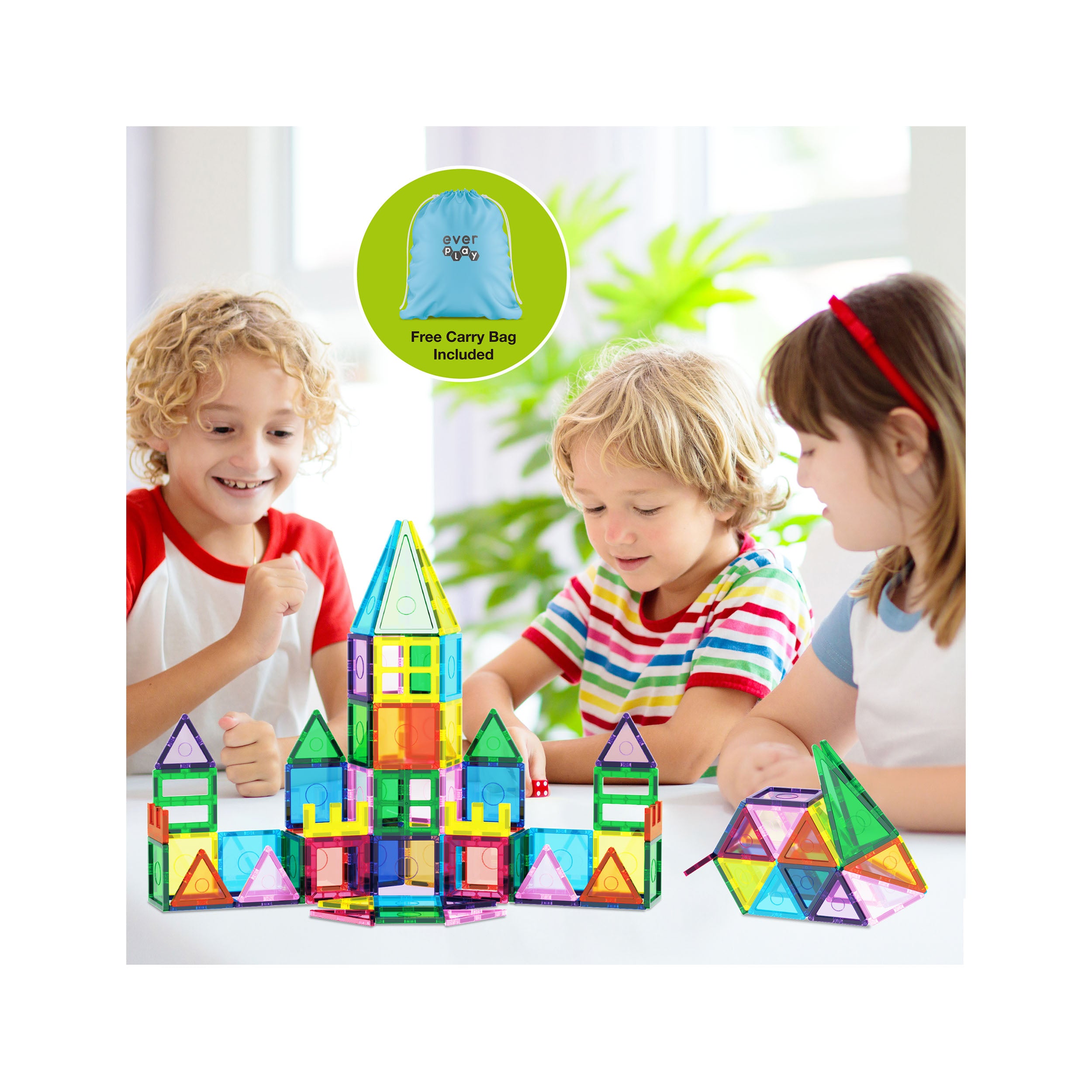 EverPlay 101pc Magnet Tile Building Blocks with Car Base Drawstring Ca