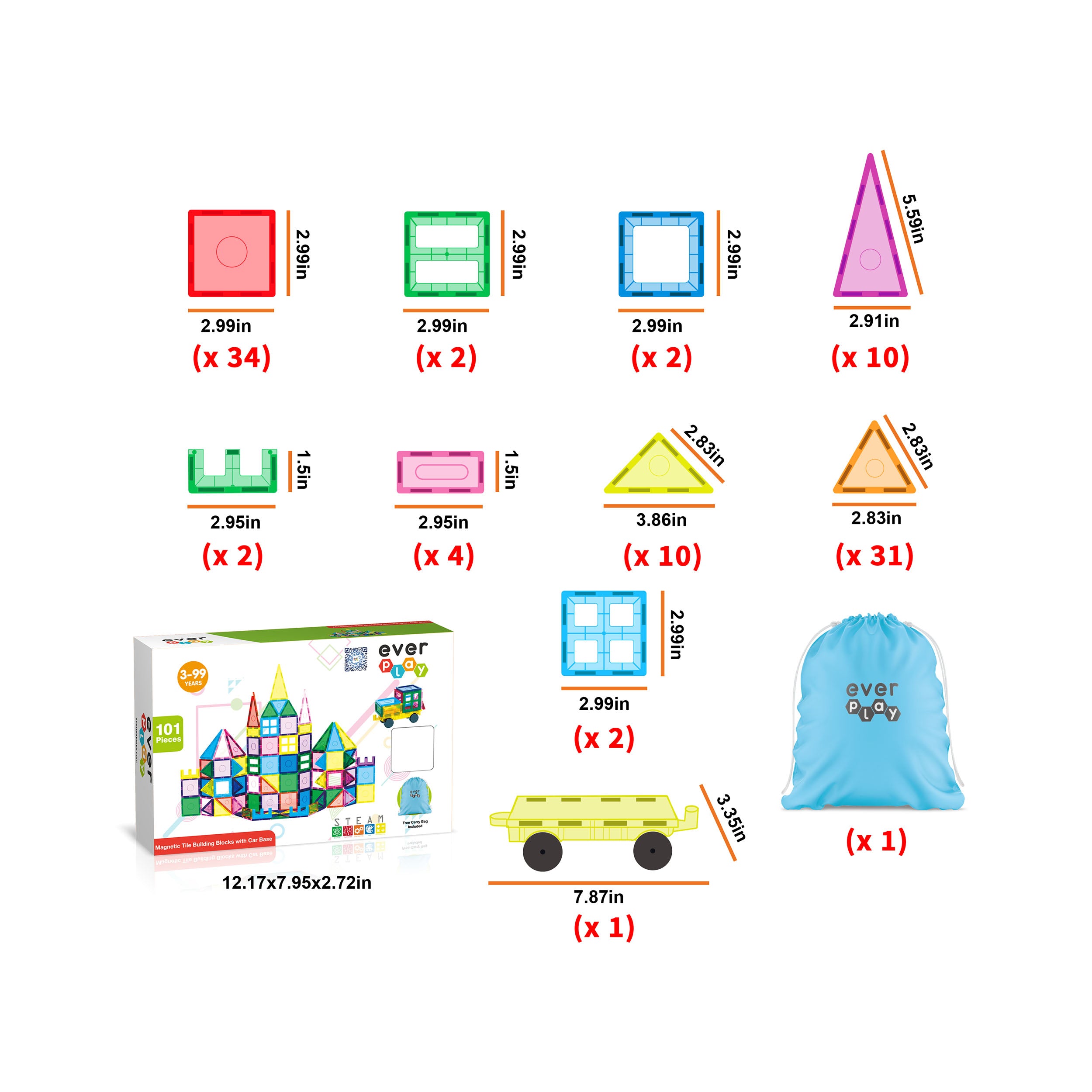 EverPlay 101pc Magnet Tile Building Blocks with Car Base Drawstring Ca