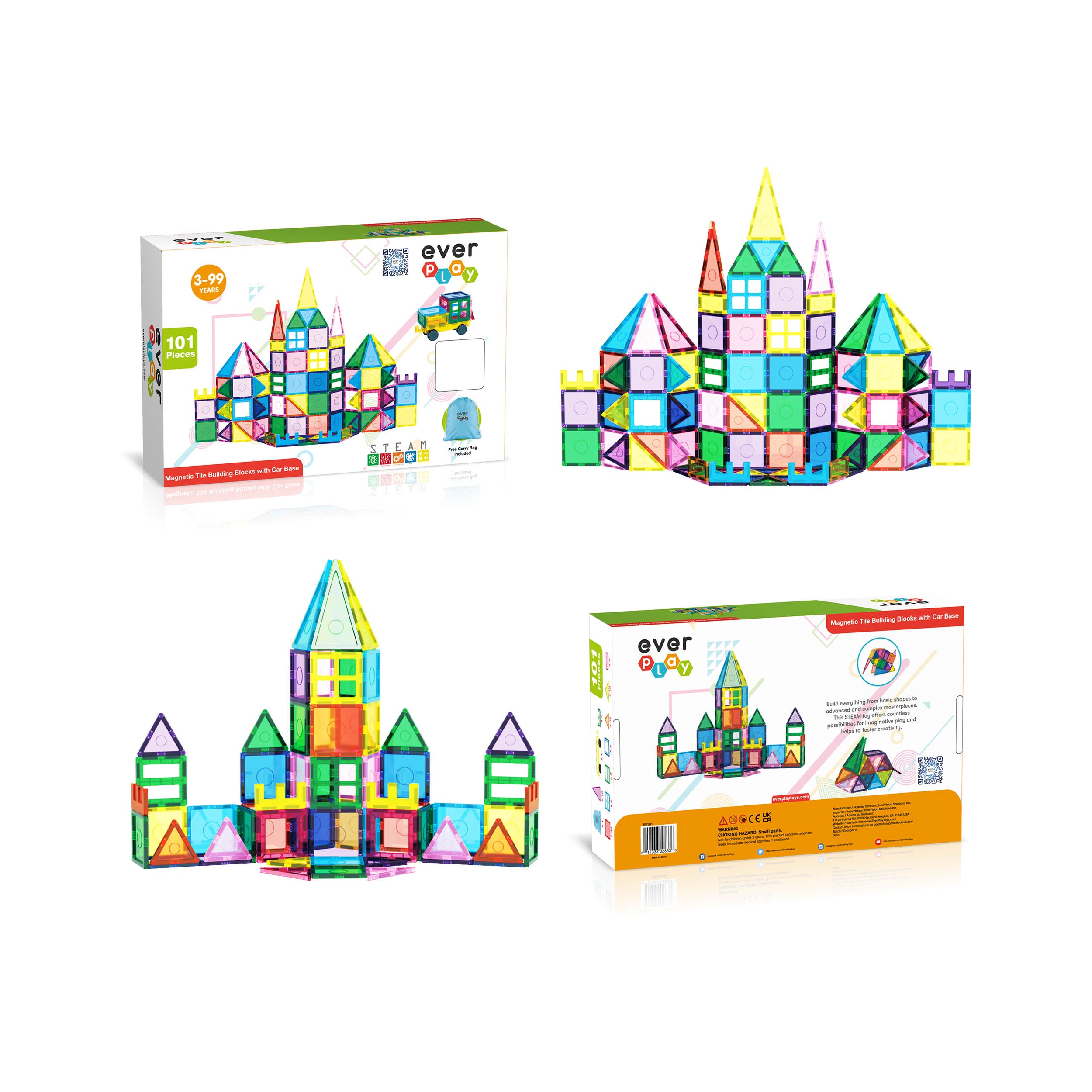 EverPlay 101pc Magnet Tile Building Blocks with Car Base