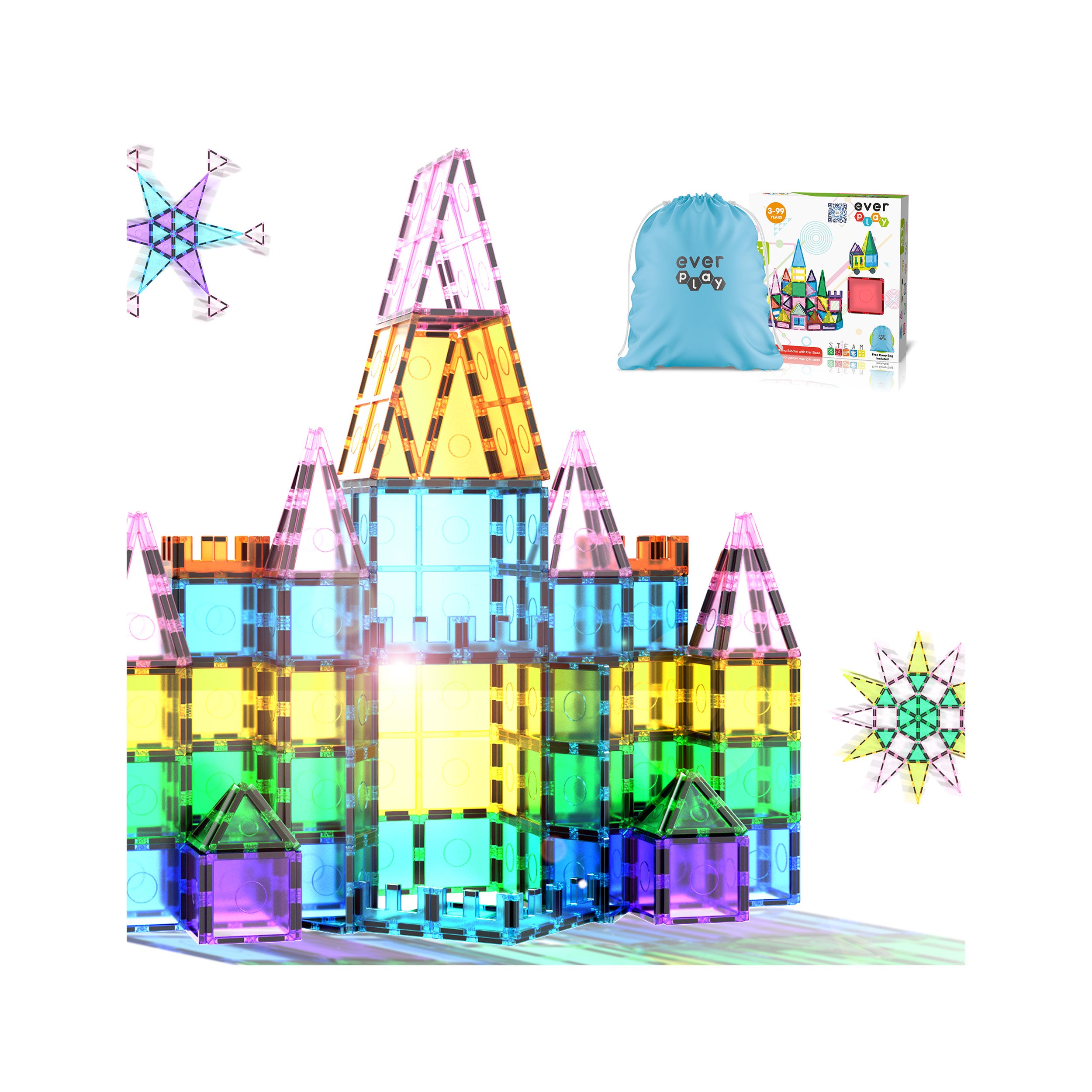 EverPlay 61pc Magnet Tile Building Blocks with Car Base Drawstring Bag