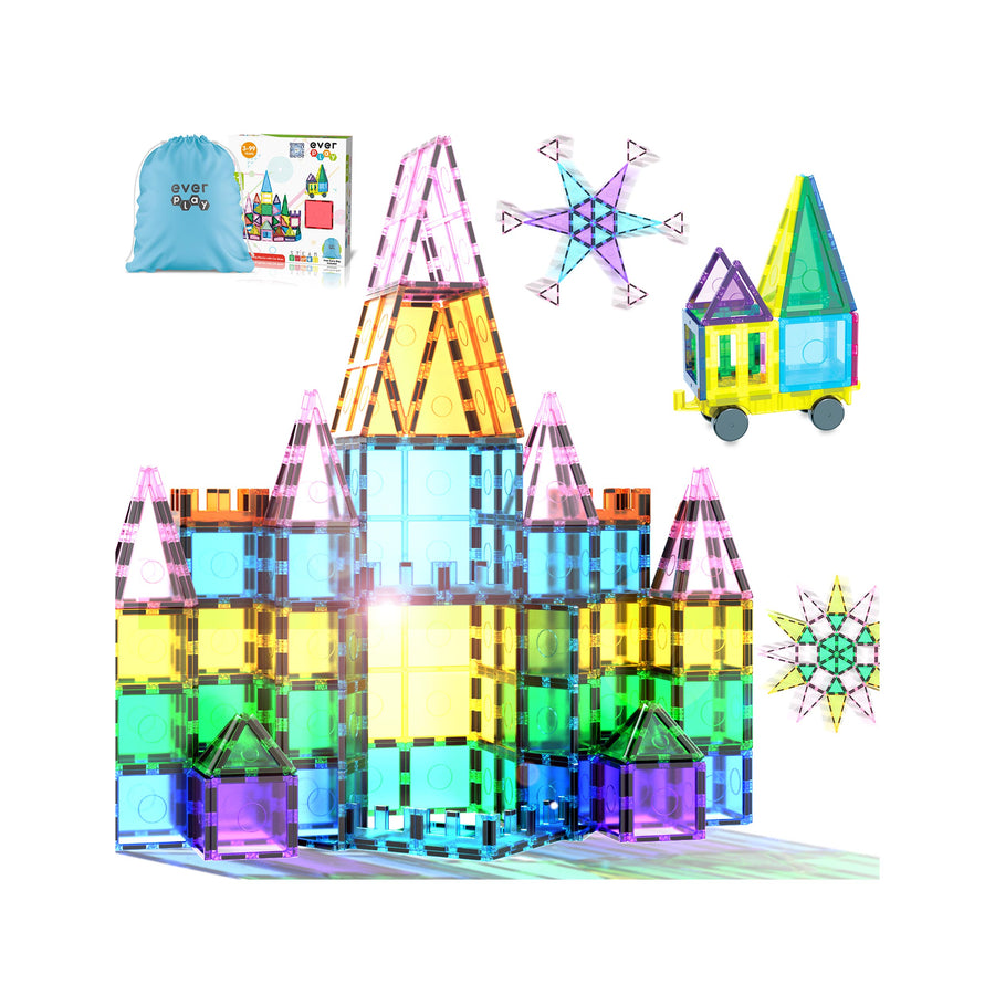 EverPlay 61pc Magnet Tile Building Blocks with Car Base Drawstring Bag