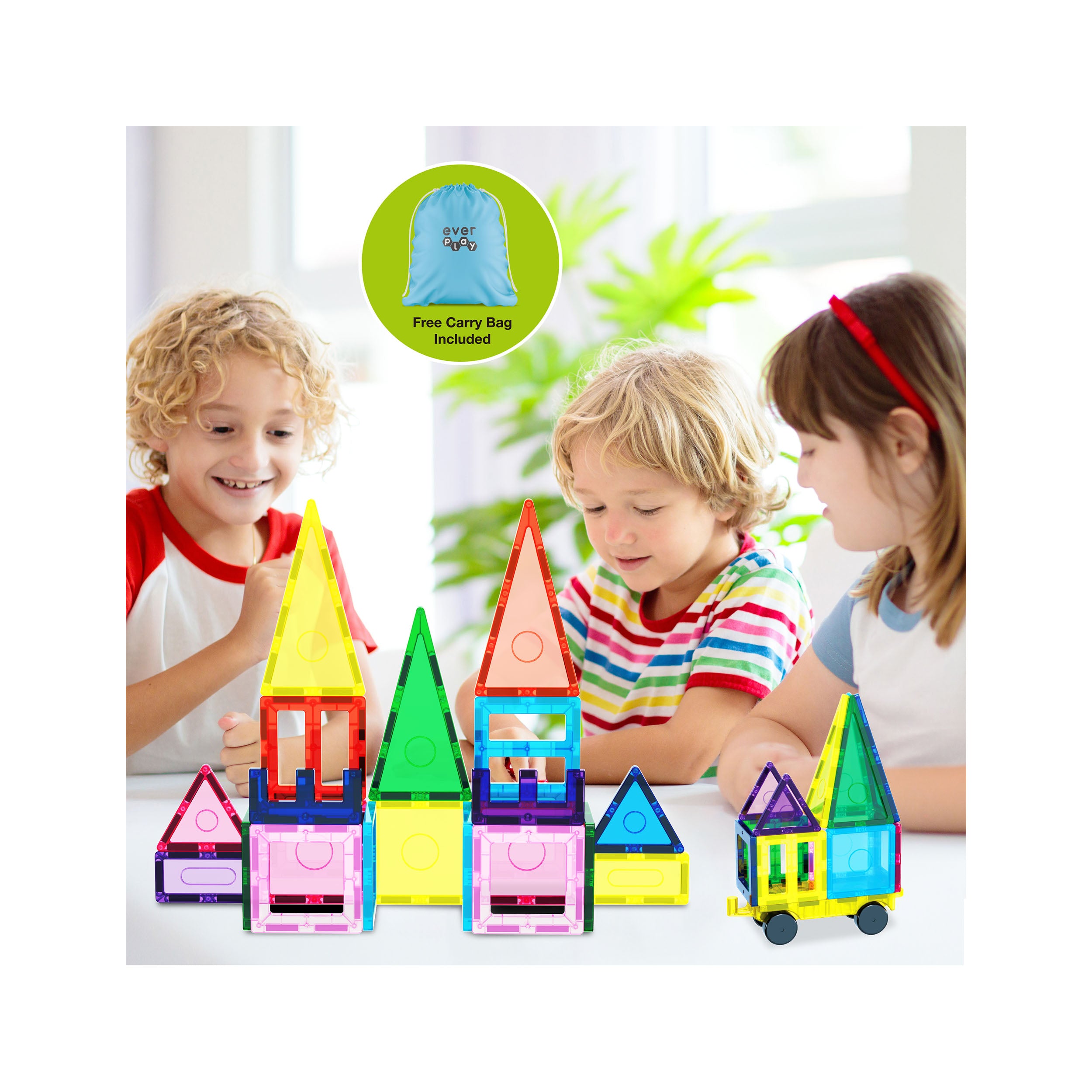 EverPlay 61pc Magnet Tile Building Blocks with Car Base Drawstring