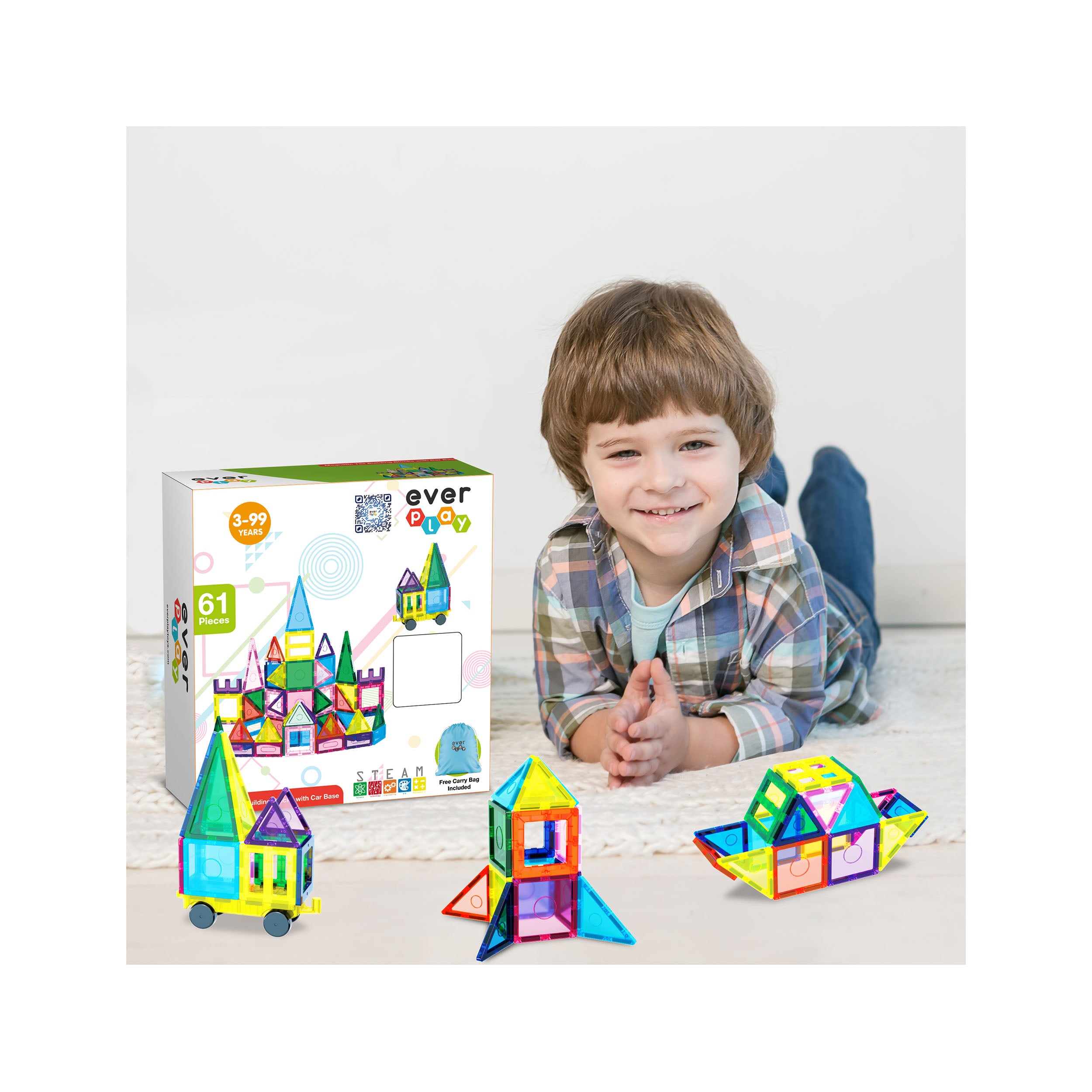 EverPlay 61pc Magnet Tile Building Blocks with Car Base Drawstring