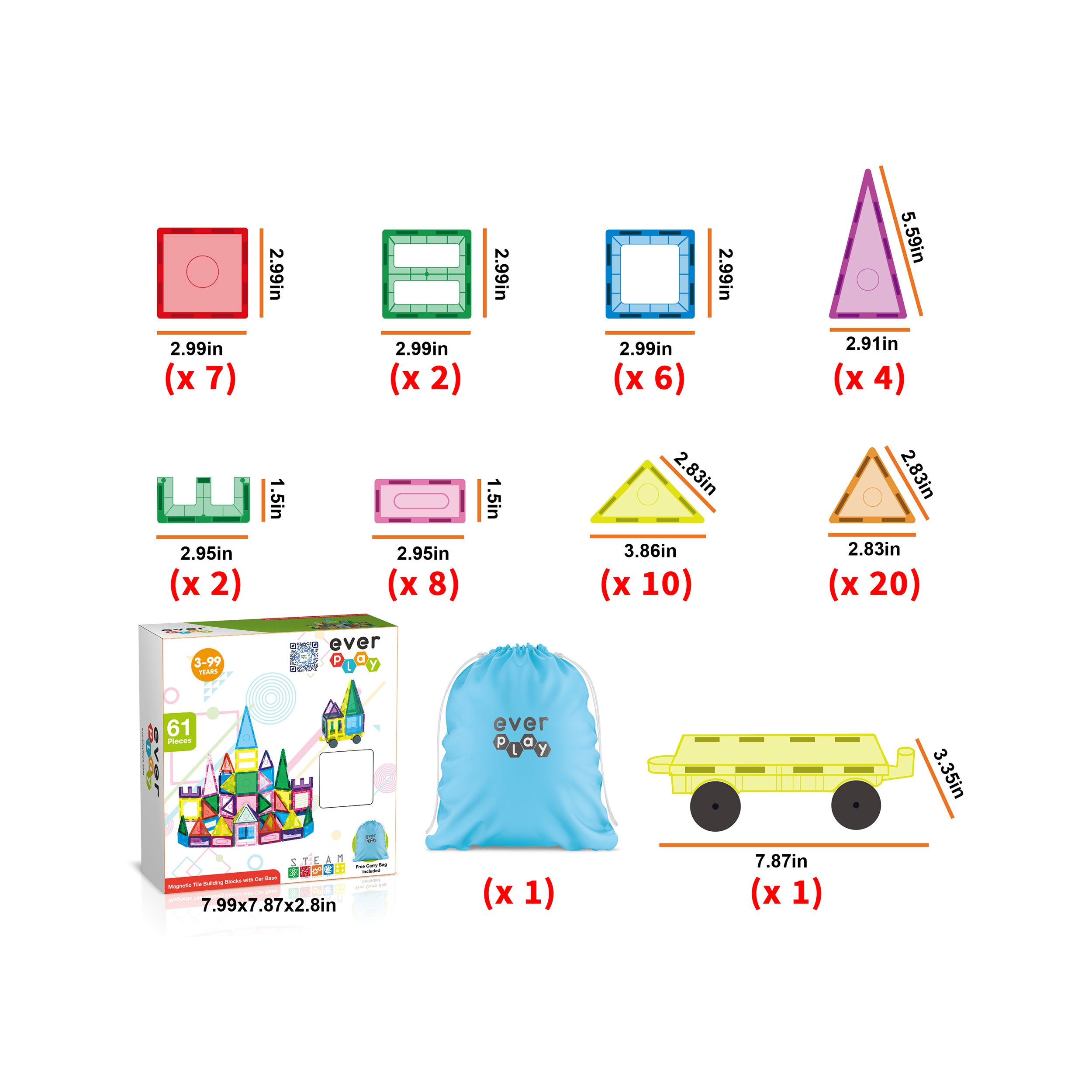 EverPlay 61pc Magnet Tile Building Blocks with Car Base Drawstring