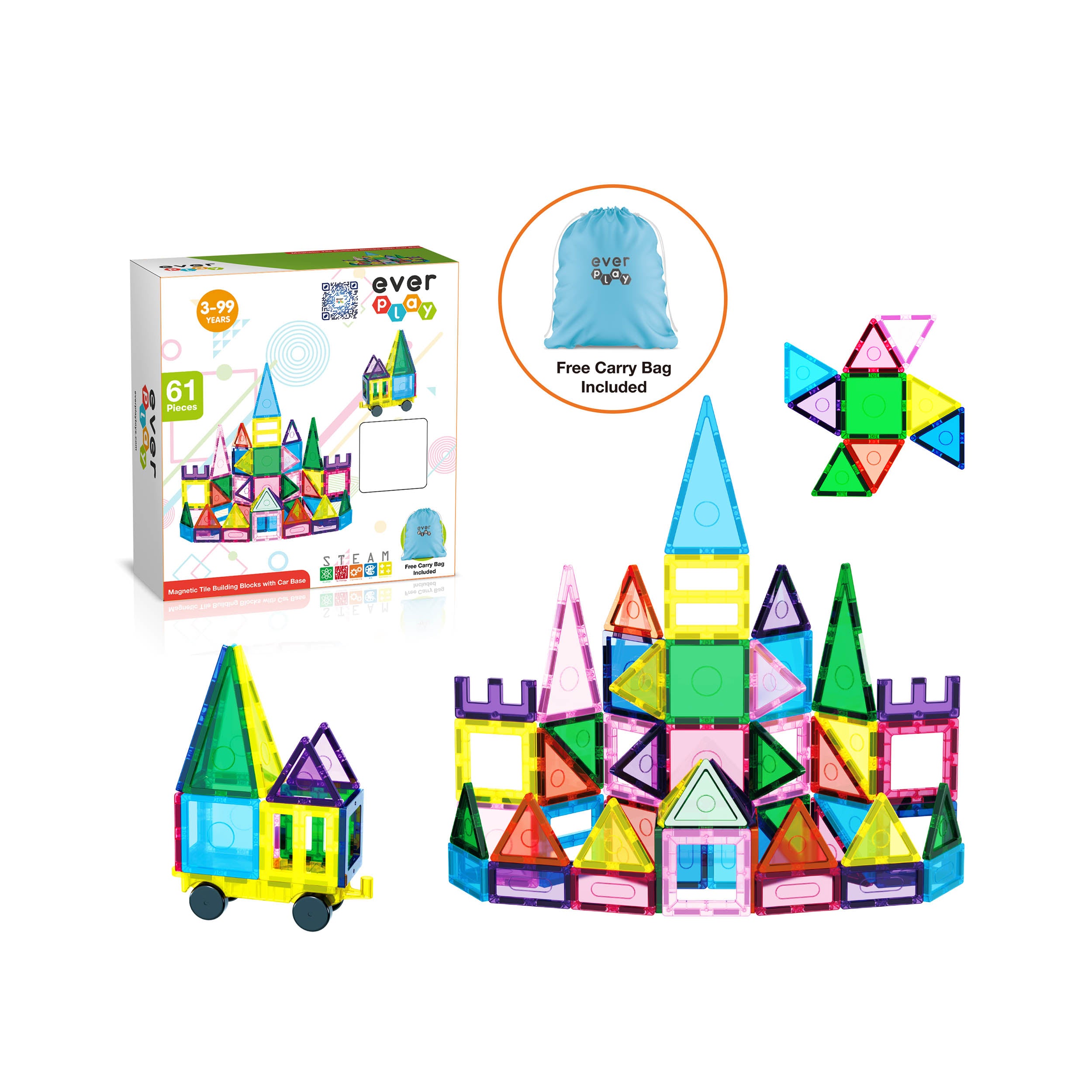 EverPlay 61pc Magnet Tile Building Blocks with Car Base Drawstring