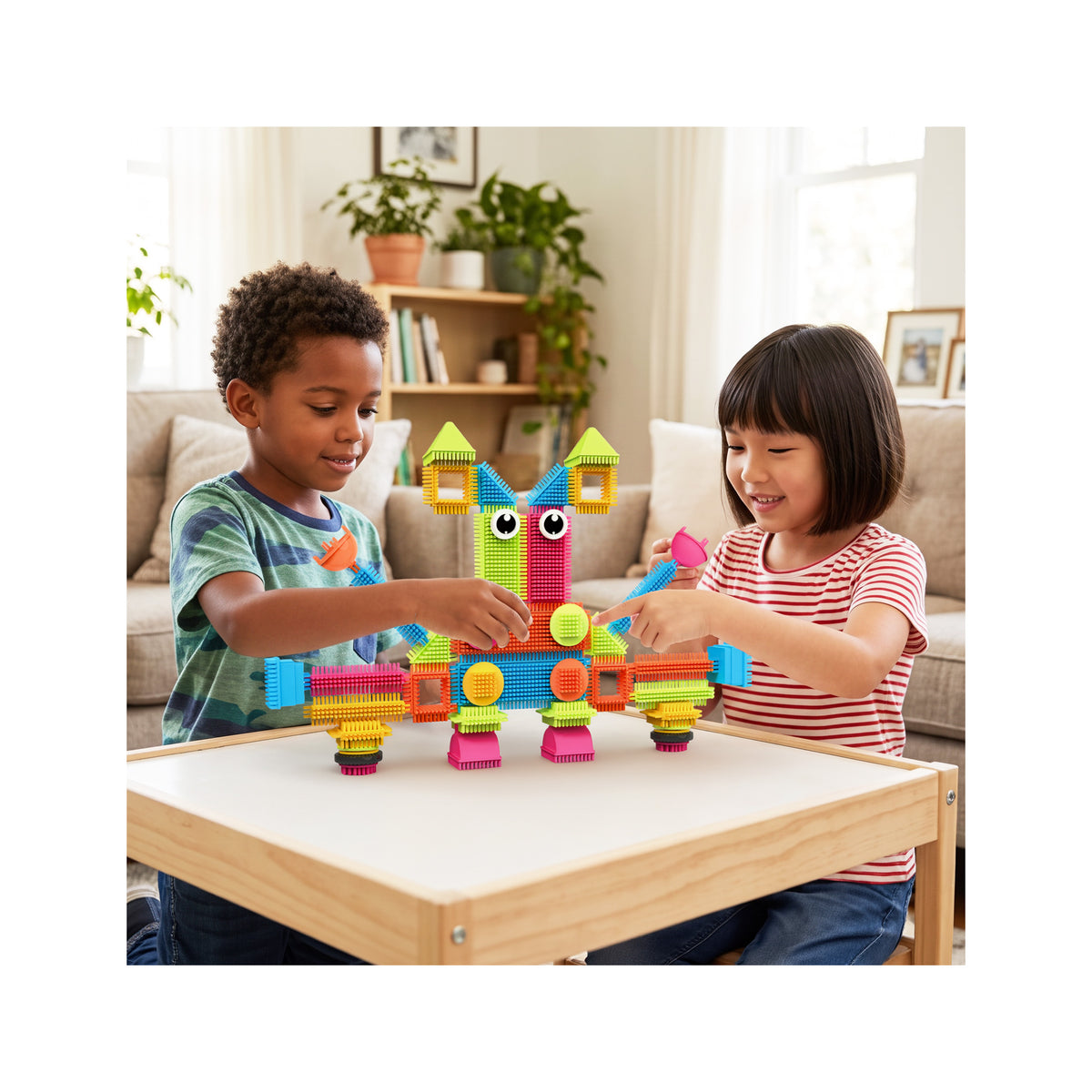 Two kids playing and assembling a colorful bristle block monster toy on a wooden table.