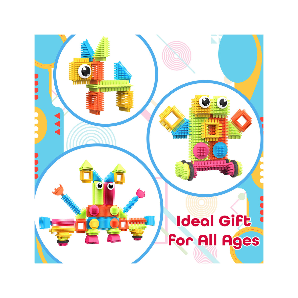 Colorful bristle block toy creations in circles beside text reading Ideal Gift For All Ages.