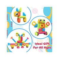 Colorful bristle block toy creations in circles beside text reading Ideal Gift For All Ages.