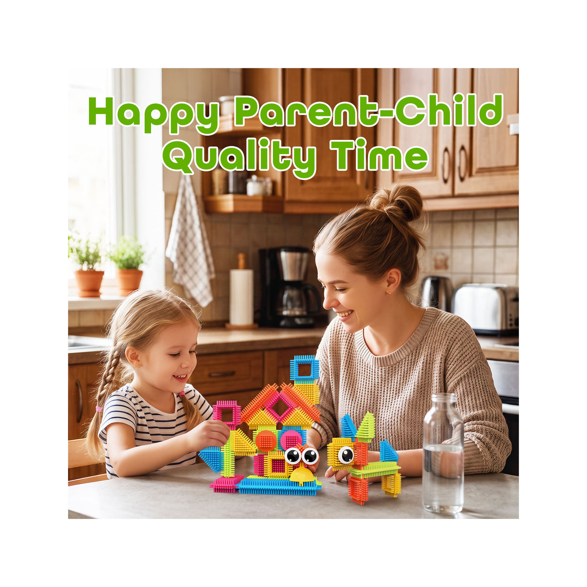 Mother and daughter playing together with colorful bristle block creations in a kitchen.