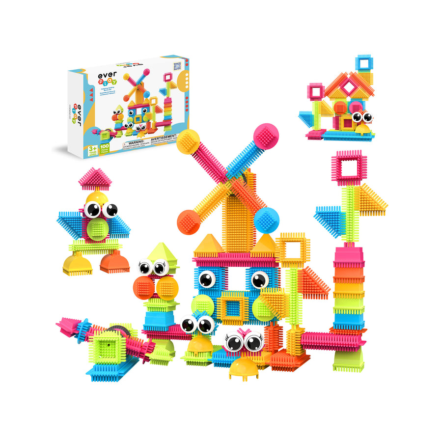Colorful bristle shape building block windmill and character models with product packaging box isolated on white.