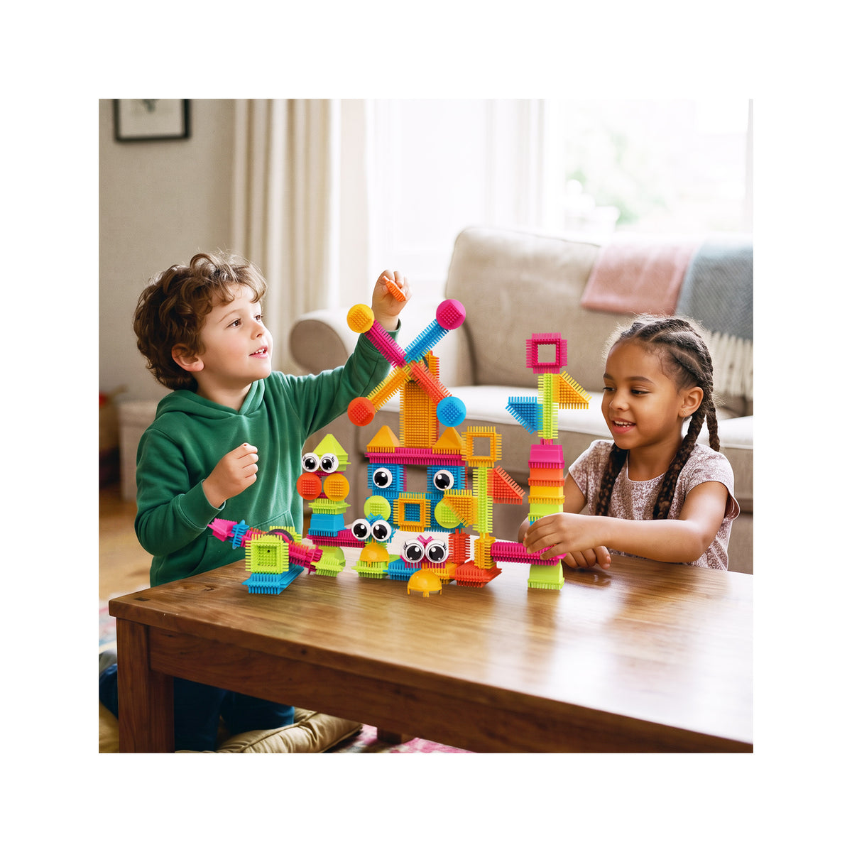 Boy and girl playing together with colorful bristle block creations on a wooden table in a living room.