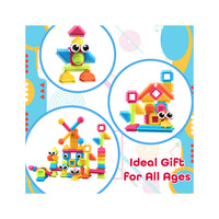 Bristle shape building block toy models in circular graphic frames beside text reading "Ideal Gift For All Ages."