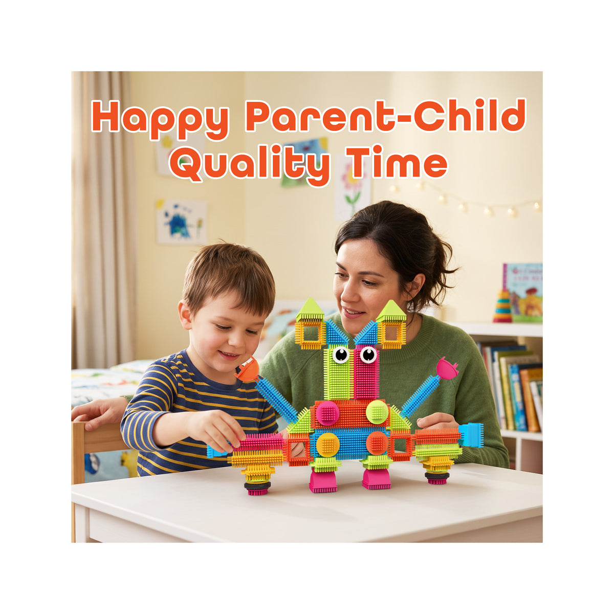 Mother and young boy happily assembling a colorful bristle block creature together at a table under "Happy Parent-Child Quality Time" text.