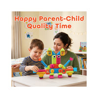 Mother and young boy happily assembling a colorful bristle block creature together at a table under "Happy Parent-Child Quality Time" text.