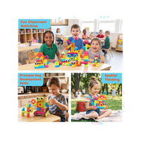 Collage showing children engaging with colorful bristle block toy creations across three play settings: classroom activities, home play, and outdoor learning.
