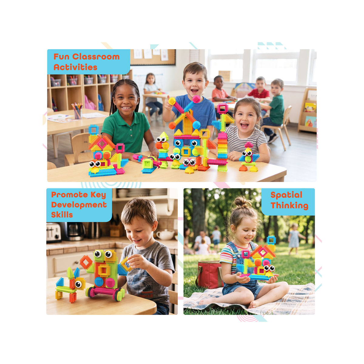 Collage showing children engaging with colorful bristle block toy creations across three play settings: classroom activities, home play, and outdoor learning.