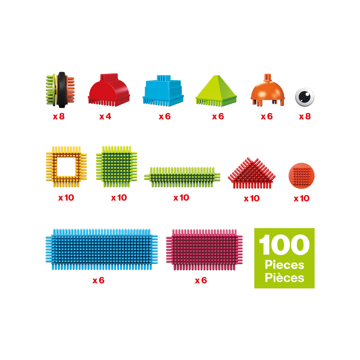 Diagram displaying a 100-piece breakdown and quantity chart for various colorful bristle block shapes and components.
