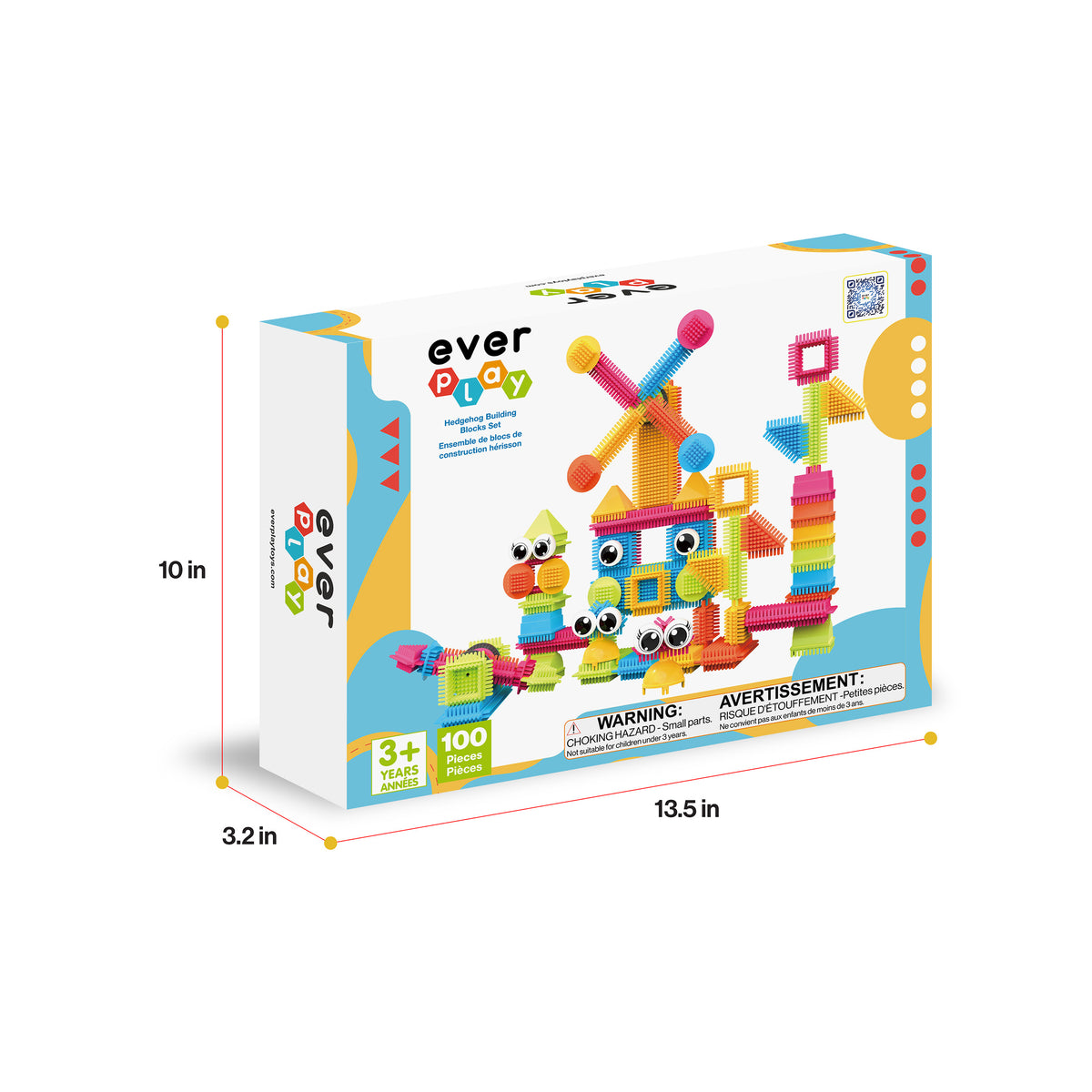 EverPlay 100-piece bristle shape building block set box with product packaging dimensions (10 in x 13.5 in x 3.2 in)