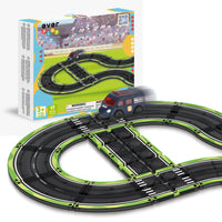 Everplay 17-piece magnetic tile race track set with a motorized police car driving on a black and green circuit.