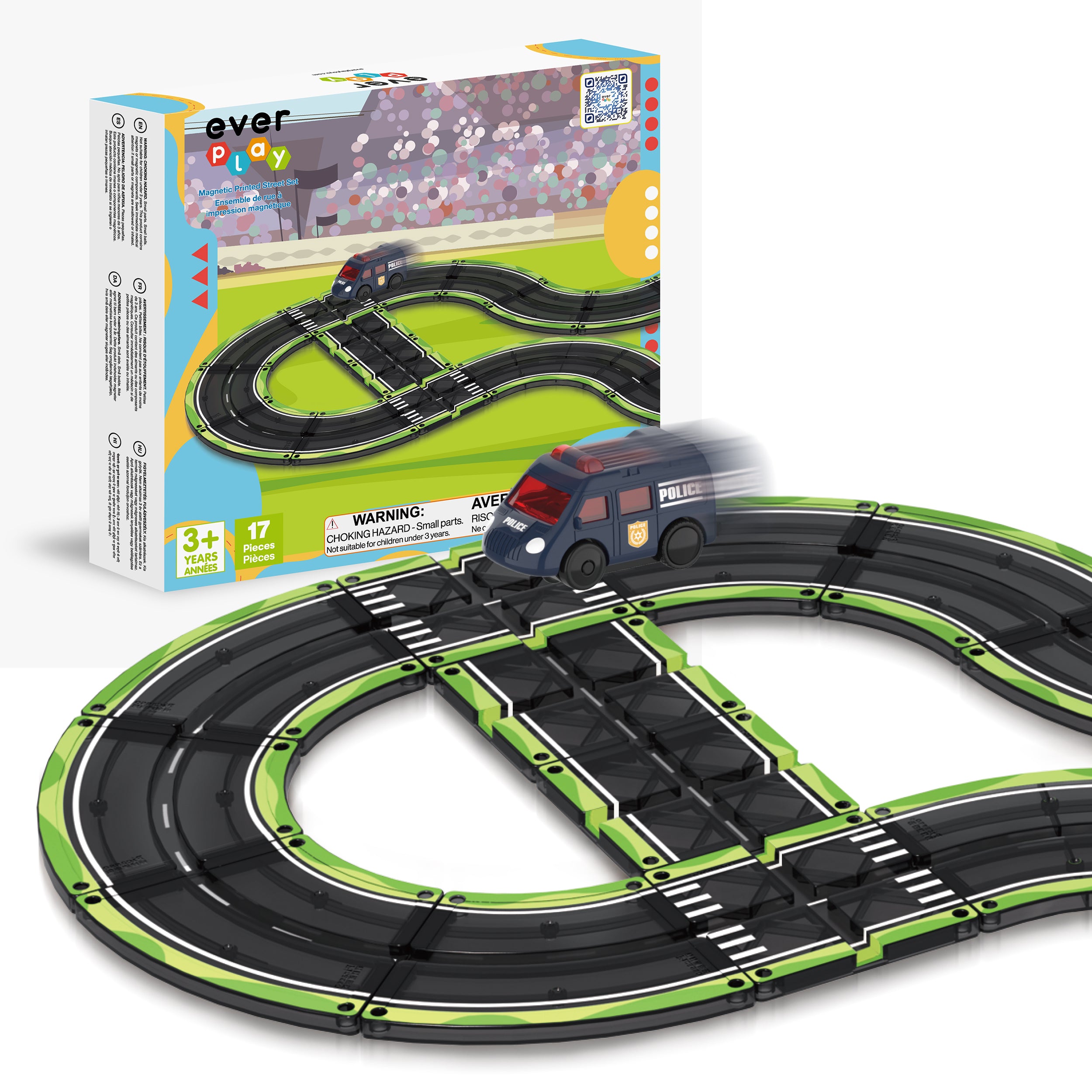 Everplay 17-piece magnetic tile race track set with a motorized police car driving on a black and green circuit.