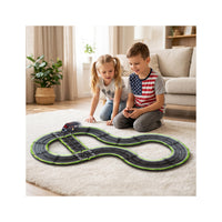 Two children kneeling on a rug in a living room, watching a toy police car drive around a magnetic race track.