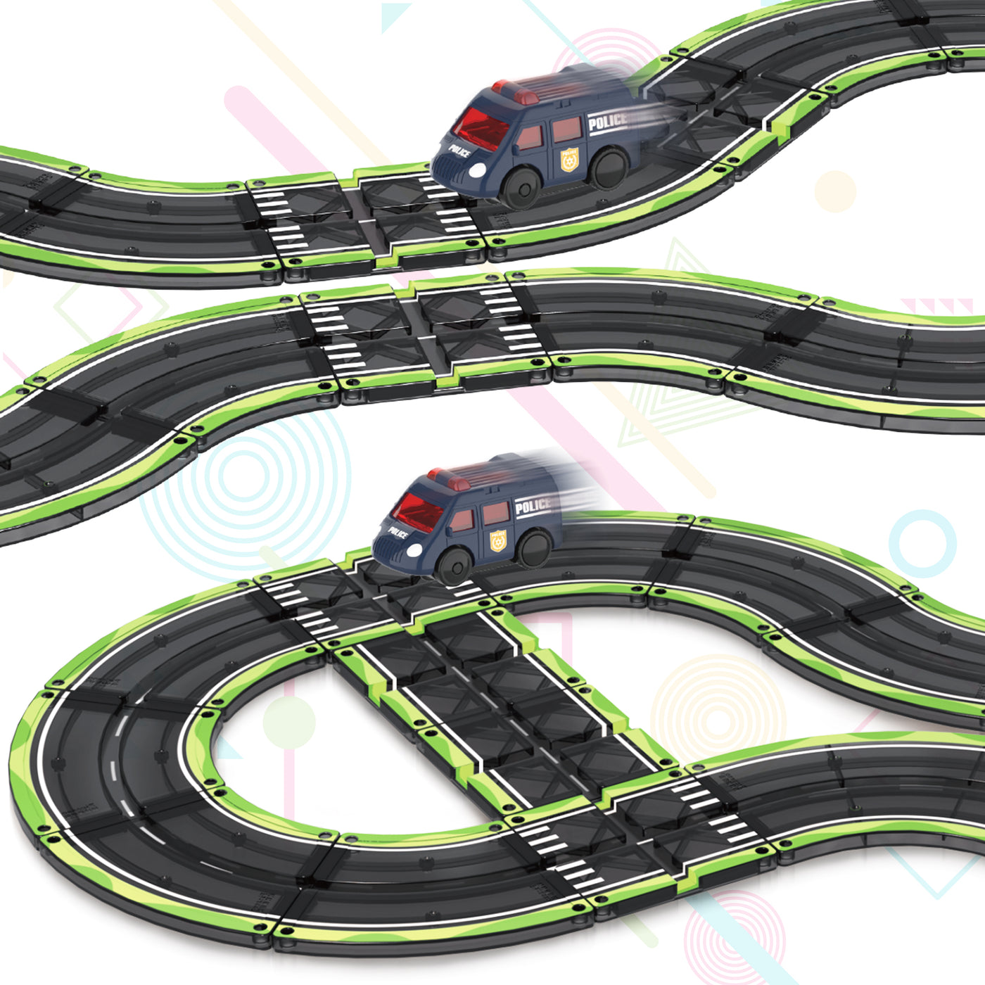 Toy police cars driving along different tracks built with magnetic tile pieces.